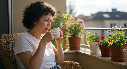 Mature woman enjoying a coffee on a sunny balcony.