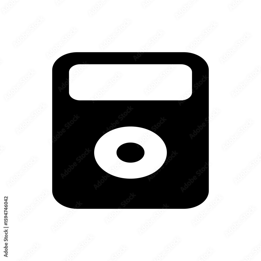Aufkleber illustration of a black music player with a white screen and a circular control button centered belo