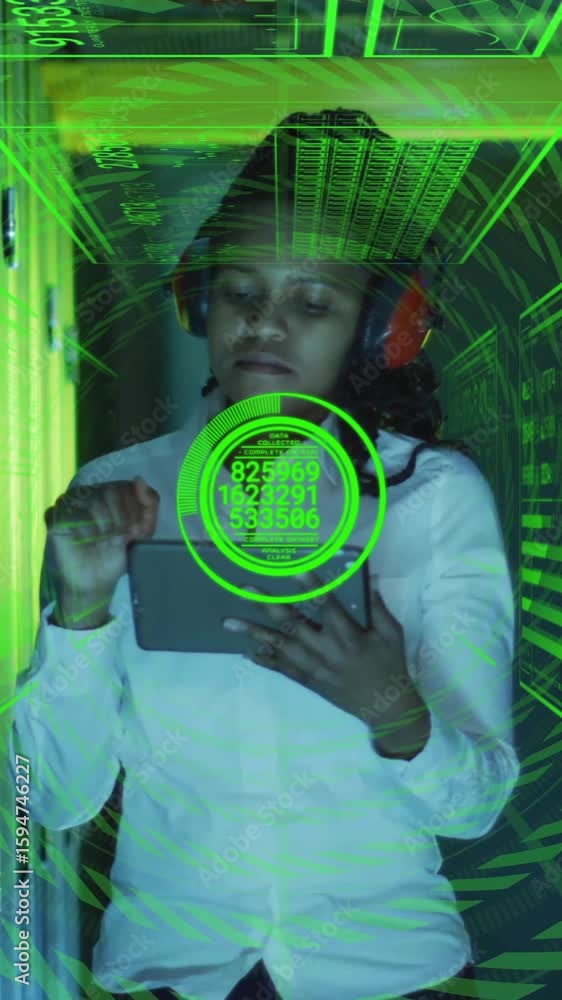 Poster using tablet with green digital data animation overlay in school setting