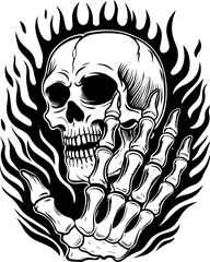 Obraz premium SVG screaming skull in horror tattoo style. Skull with Flame Design Featuring a Hand Gesture in Black and White