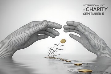 International Day of Charity depicted with hands, coins, and birds in a symbolic rendering.
