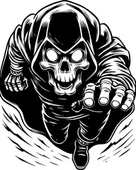SVG screaming skull in horror tattoo style. Grim Reaper Illustration in Dynamic Motion with Exaggerated Features