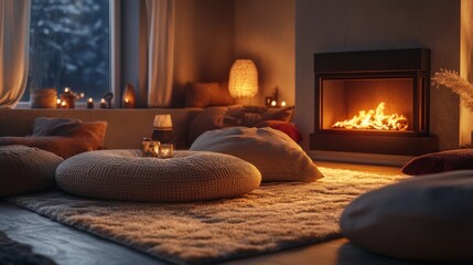 Cozy interior scene featuring a modern fireplace, soft pillows, and ambient candlelight creates a warm, inviting atmosphere perfect for relaxation and quiet evenings at home.