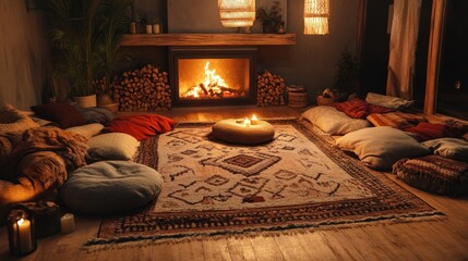 Cozy living room scene featuring a warm fireplace, a patterned rug, and comfortable pillows, creating an inviting and relaxing atmosphere for a peaceful evening.