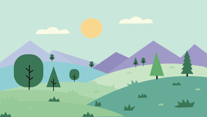 Flat design landscape illustration with green hills