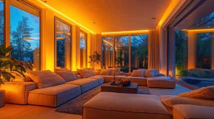 Cozy living room featuring a large sectional sofa with plush cushions, bathed in warm, ambient lighting, creating an inviting and relaxing atmosphere for modern home interiors.