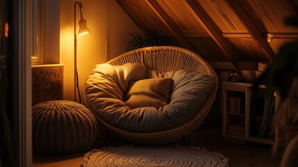 Cozy rattan chair with soft cushions and a warm lamp creates a relaxing reading nook in an attic space, perfect for unwinding and enjoying a peaceful evening at home.