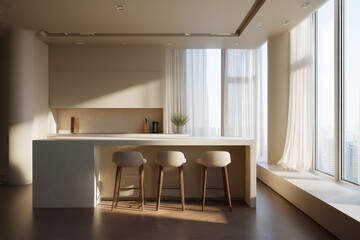 High-rise kitchenette with sandy beige palette thick slab countertop and soft curtain-filtered sunlight casting cinematic shadows and light gradients