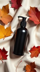 Black pump bottle on soft neutral linen cloth, scattered autumn leaves add seasonal warmth, minimalist mockup with warm lighting, clean layout for skincare cosmetics eco branding during fall