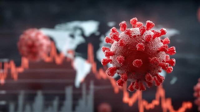 Red Virus Particle Floating in Dark Environment with World Map and Financial Chart Showing Downtrend Demonstrating Pandemic Impact - Powered by Adobe