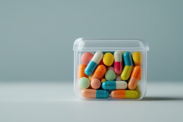 Assorted colorful pills and capsules are contained in a clear plastic box, showcasing a variety of medication options for healthcare and pharmaceutical concepts.
