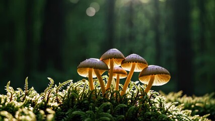 Group of forest mushrooms in bright mossy clearing expresses mystery, exploration, autumn magic, unity, biodiversity, whimsy, discovery, harmonious woodland - Powered by Adobe