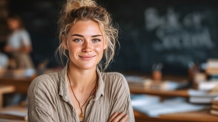 A woman with a necklace and a smile on her face. She is in a classroom with a chalkboard behind her