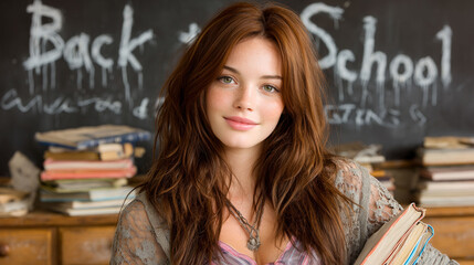 Fototapeta premium A girl with long brown hair is sitting in front of a chalkboard with the words 