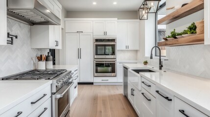 A bright, modern kitchen showcases white cabinetry, stainless steel appliances, and a herringbone backsplash, creating a clean and sophisticated culinary space with natural light.