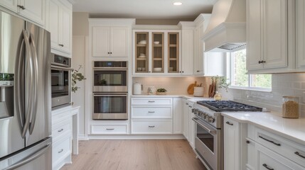 A bright, modern kitchen showcases stainless steel appliances, white cabinetry, and a light wood floor, creating a clean and inviting culinary space for cooking and entertaining.