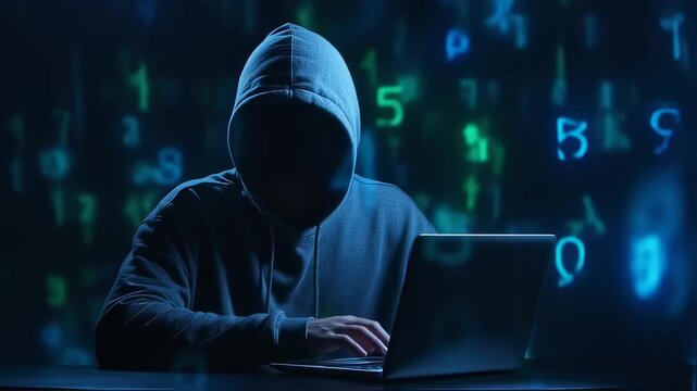 Cybercrime threat: anonymous hacker using laptop for digital intrusion and espionage