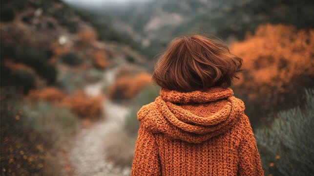 A woman wearing a red sweater is walking down a path. The image has a moody and somewhat melancholic feel to it, as the woman is alone and the path is empty