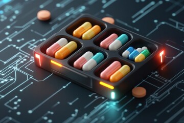 Assorted capsules and pills in a futuristic container are displayed on a circuit board, representing modern medicine, pharmaceutical technology, and healthcare innovation.