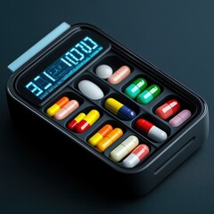 A futuristic pill organizer with a digital display and colorful capsules, showcasing modern medicine and healthcare management in a sleek, organized container for daily doses.