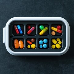 Assorted pills and capsules are organized in a modern pill organizer, showcasing a variety of medications and supplements for health, wellness, and pharmaceutical concepts.