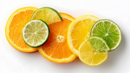 Freshly sliced citrus fruit orange lime lemon arranged semi circle formation photographed bird eye view bright white background juicy texture highlighted soft shadow photo realistic freshness vibrant