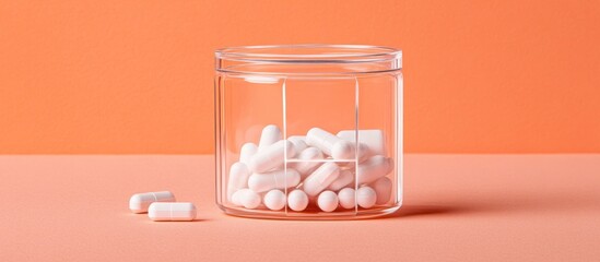 White capsules in a clear jar against an orange backdrop showcase medication, supplements, or vitamins, ideal for health, wellness, and pharmaceutical themes.
