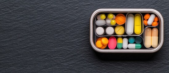 Assorted pills and capsules organized in a metal container, showcasing various colors and shapes for health, medication, and pharmaceutical concepts on a dark textured surface.