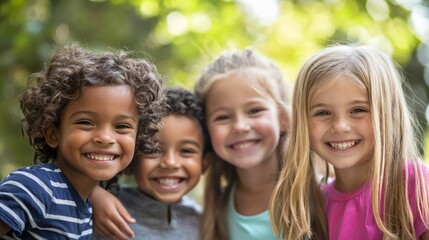 Fototapeta premium Four children smiling outdoors.