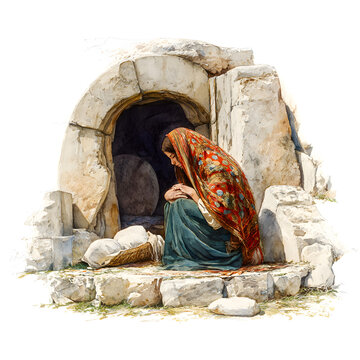 Mary Magdalene at the Tomb of Jesus - Watercolor Illustration of Easter Story, Resurrection, Faith, Grief, and Hope (Religious Art)