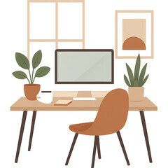 Minimalist Home Office Desk with Plants and Computer