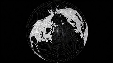 Abstract World Geography Design: Black White Planet Map Illustration Spherical Global Exploration Science Technology Navigation Data Connections Coordinates Multimedia Cartography Visualization