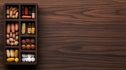 Assorted pills and capsules in a wooden organizer box, showcasing various medications, supplements, and pharmaceutical products on a brown wooden surface, ideal for health concepts.
