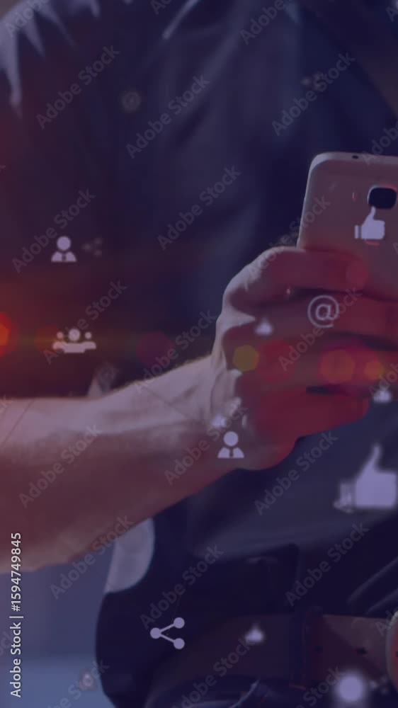 Aufkleber using smartphone, person interacting with floating social media icons in animation