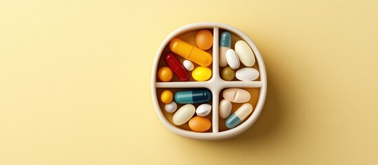 Assorted pills and capsules are neatly organized in a round pill organizer, showcasing various colors and shapes against a soft yellow background, ideal for health and wellness themes.