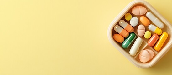Assorted pills and capsules in a pill organizer offer a clear view of medication management, showcasing different shapes and colors for health and wellness solutions.