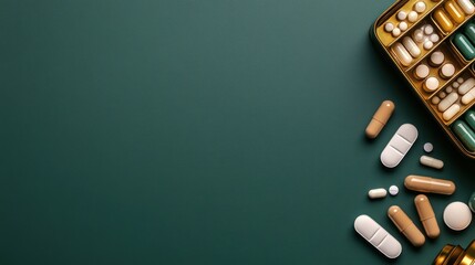 Assorted pills and capsules are neatly organized in a golden container, with some scattered around, offering a glimpse into medication management and healthcare solutions.