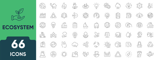 Ecosystem Line Icon Set. Set of 66 outline icons including nature, biodiversity, plants, animals, habitat, balance, and environmental elements. Editable stroke. Linear vector illustration.