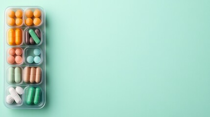 Colorful pills and capsules are organized in a weekly pill organizer against a light green background, showcasing medication management and healthcare solutions for daily use.