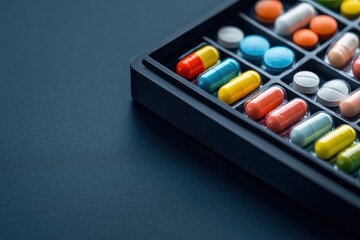 Assorted colorful pills and capsules are arranged in a black organizer, showcasing a variety of medication and pharmaceutical products for health and wellness concepts.