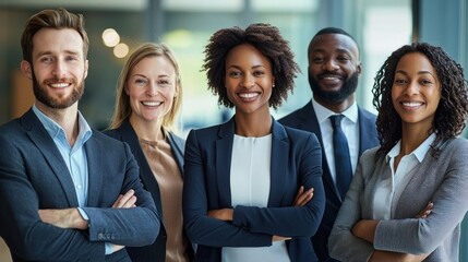 A diverse group of business professionals standing in an office setting.