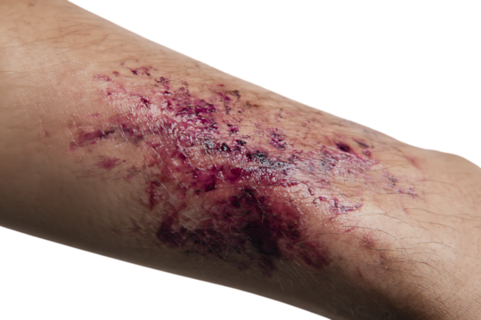 Close-up of a severely bruised and scraped arm.