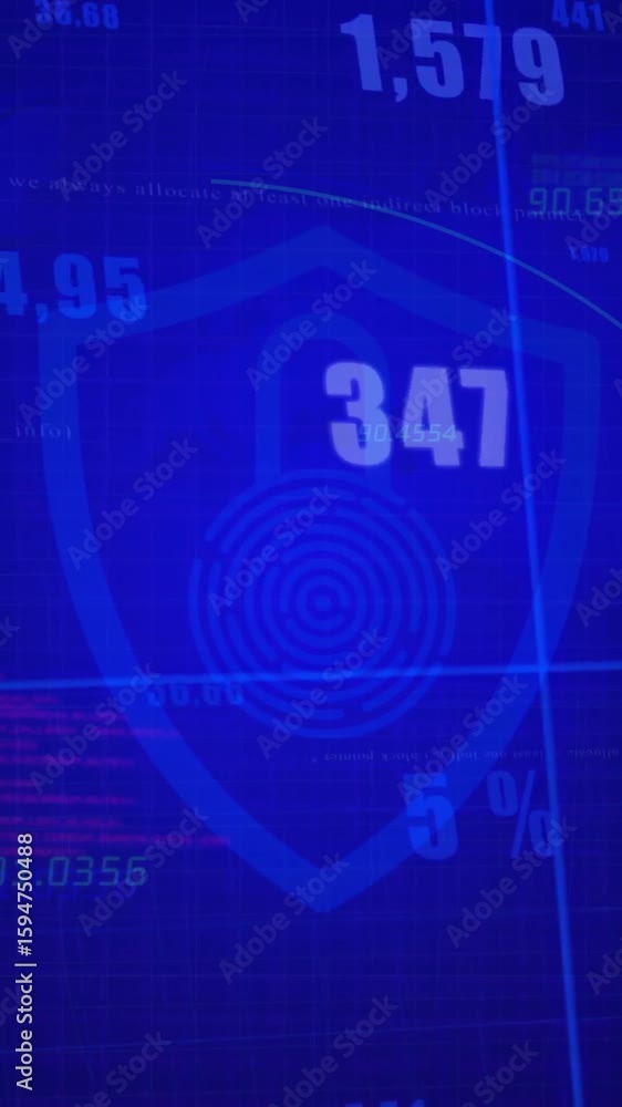 Poster digital security shield with fingerprint over data charts and graphs animation