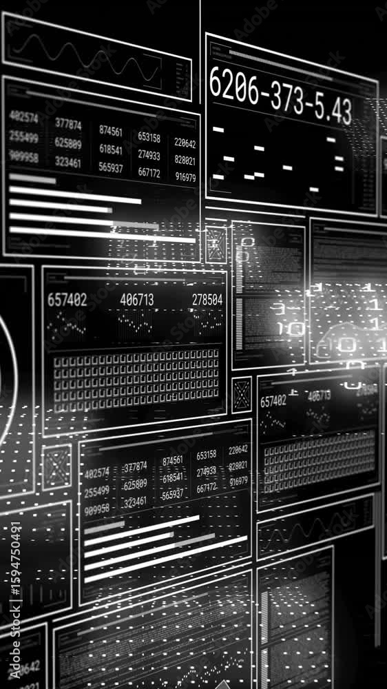 Poster animation showing futuristic data panels with glowing numerical displays in school