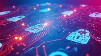 A digital circuit board glows with blue and red hues, symbolizing cybersecurity and data protection in the modern age - Powered by Adobe