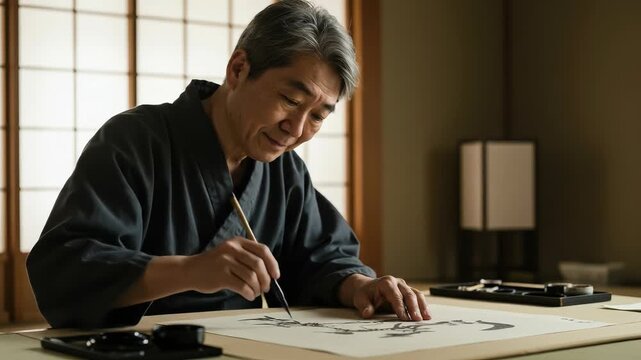 Japanese calligrapher in traditional kimono practicing the art of shodo with ink and brush