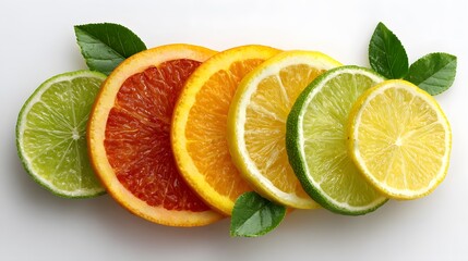 Freshly sliced citrus fruit orange lime lemon arranged semi circle formation photographed bird eye view bright white background juicy texture highlighted soft shadow photo realistic freshness vibrant