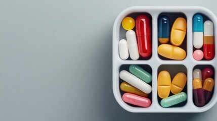 Colorful pills and capsules are organized in a white pill organizer, offering a clear view of medication management and healthcare solutions for daily use and treatment plans.