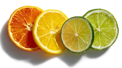 Freshly sliced citrus fruit orange lime lemon arranged semi circle formation photographed bird eye view bright white background juicy texture highlighted soft shadow photo realistic freshness vibrant