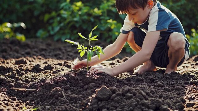 Young child carefully plants green seedling in fresh garden soil symbolizing growth hope nurturing care environmental future life new beginnings